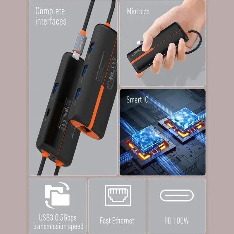 هاب 6 پورت تایپ سی الدینیو مدل LDNIO 6in1 Type-c Hub Adapter DS-26H توان 100 وات image gallery