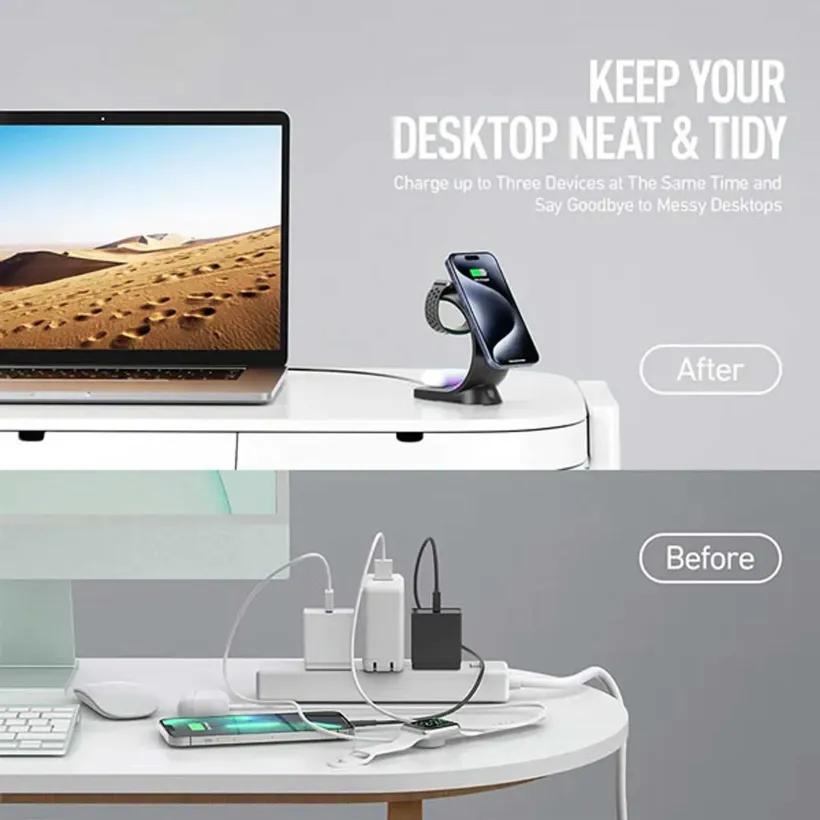 استند و شارژر وایرلس چندکاره مگنتی بیوا مدل WLC-13 3in1 Fast Wireless Charger با امکان شارژ اپل واچ image gallery