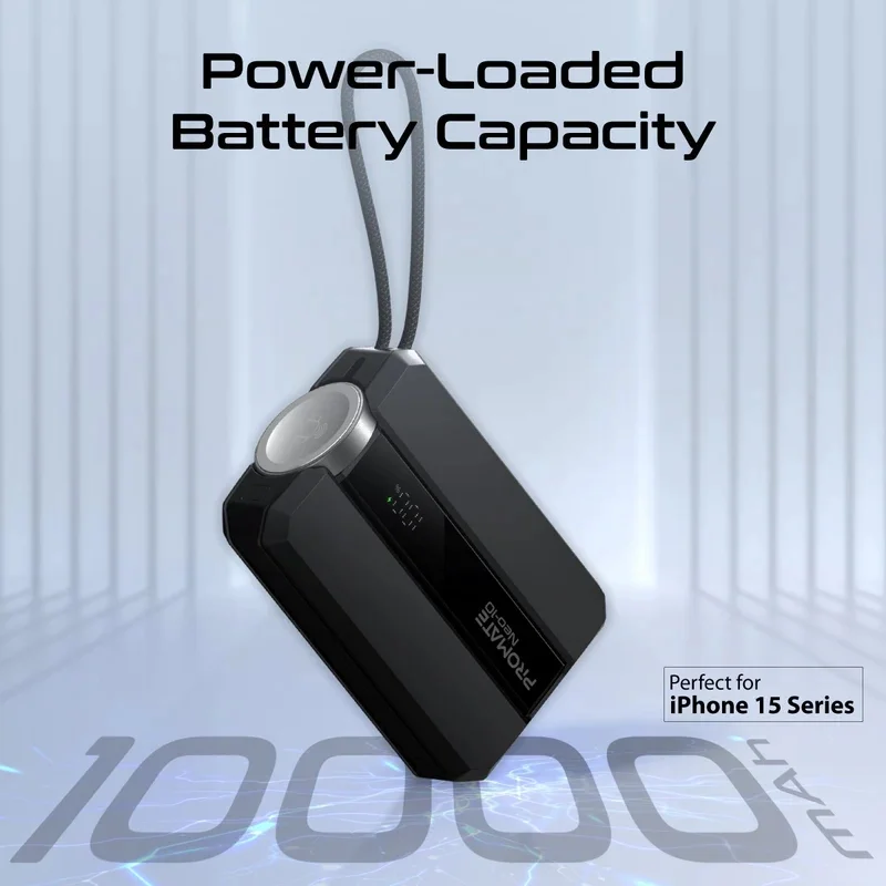 پاوربانک پرومیت مدل Promate NEO-10.BLACK به ظرفیت 10000 میلی‌ آمپر ساعت و دارای پد شارژ اپل واچ image gallery