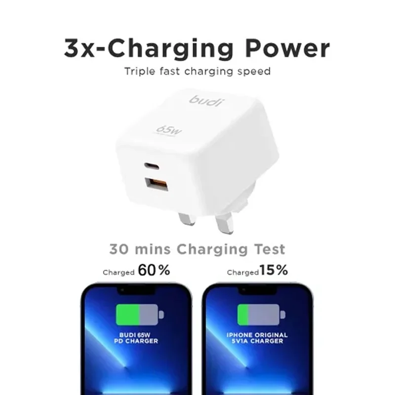 شارژر دیواری 65 وات بودی مدل Budi AC320UW سه پین با یک خروجی USB و یک خروجی USB-C - سفید image gallery
