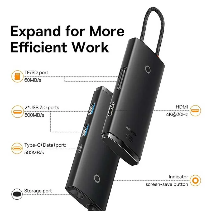 هاب USB-C شش پورت بیسوس مدل Lite Series WKQX050001 - مشکی image gallery
