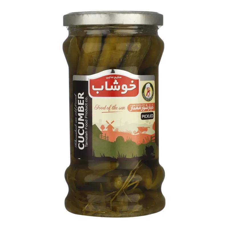 خیارشور ممتاز خوشاب ظرف شیشه ای وزن 590 گرمی (بسته 6 عددی)