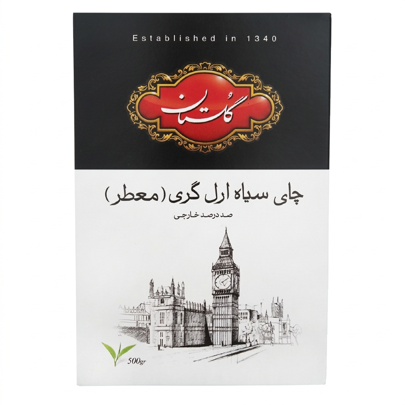 چای سیاه گلستان مدل ارل گری وزن 500 گرمی (کارتن 10 بسته‌ای)