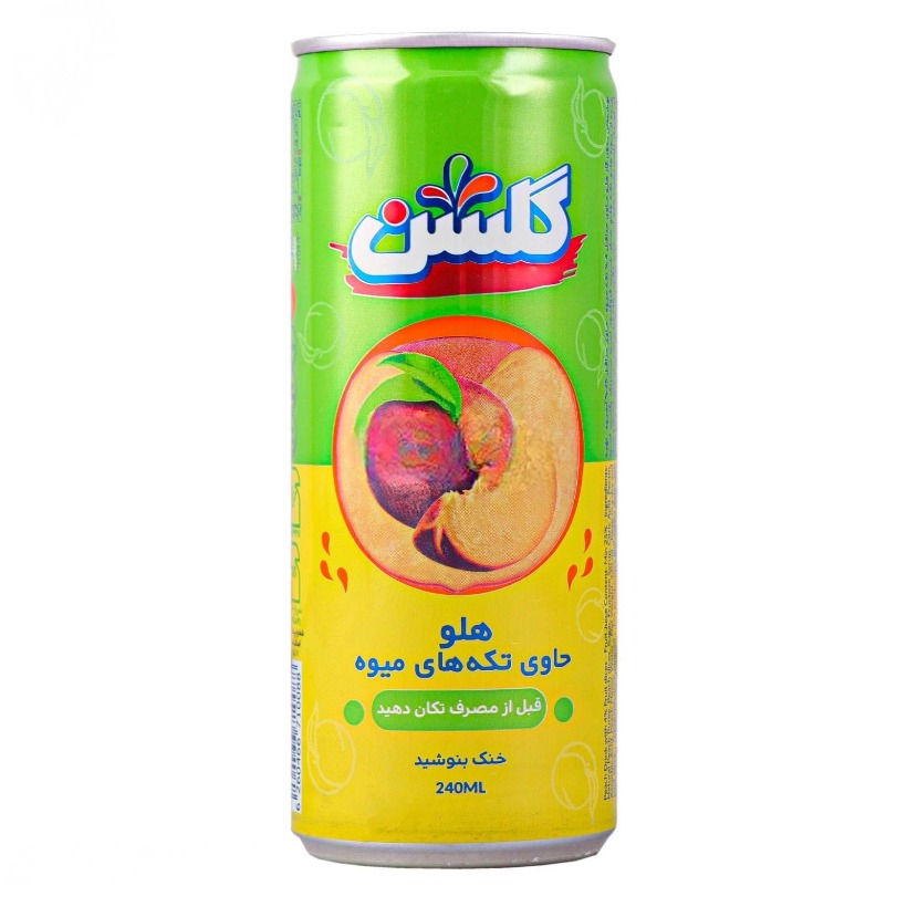 نوشیدنی بدون گاز هلو با تکه های میوه گلشن حجم 240 میلی لیتری (بسته 24 عددی)