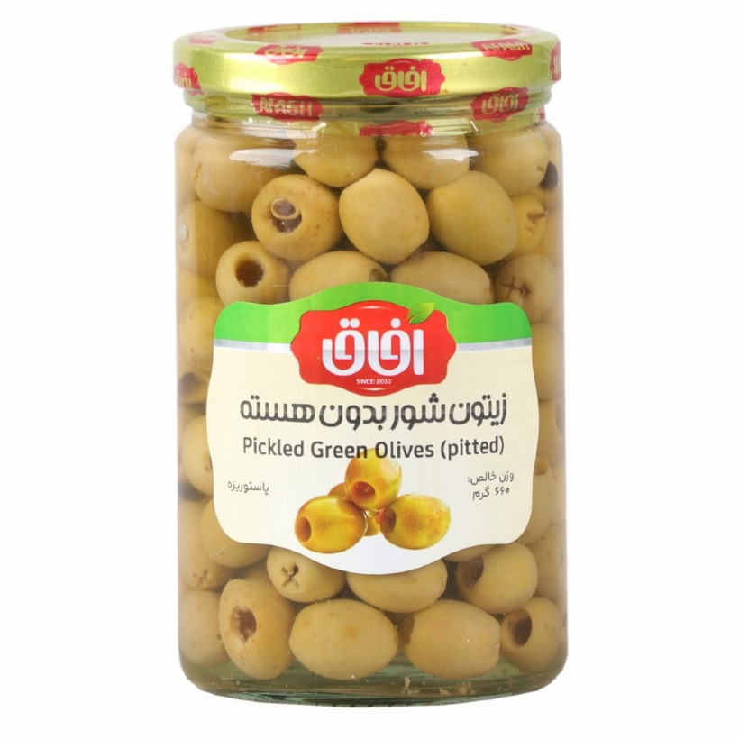 زیتون شور بی هسته آفاق ظرف شیشه ای وزن 660 گرمی (بسته 12 عددی)