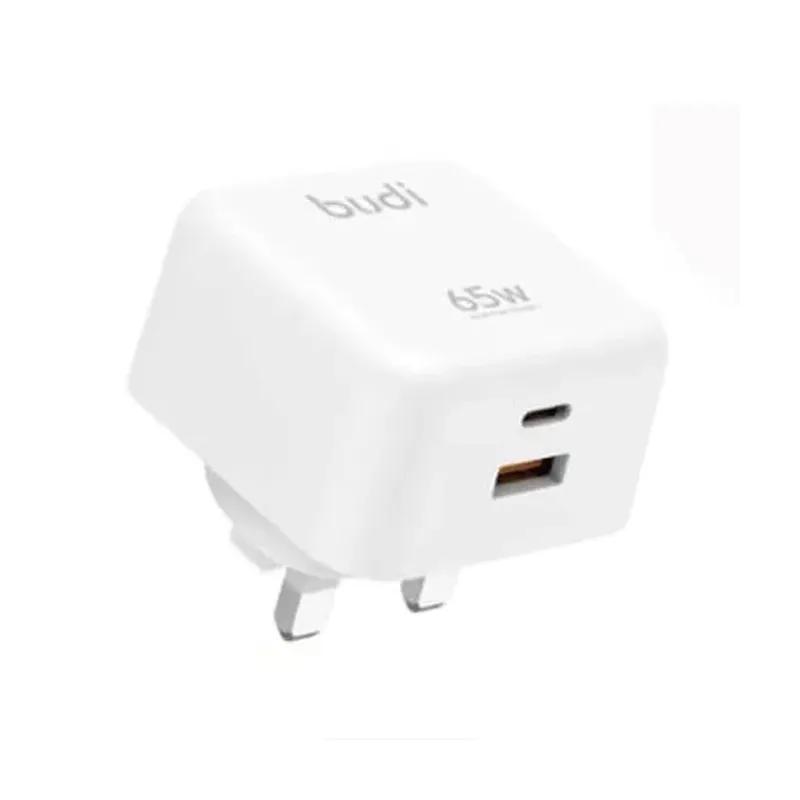 شارژر دیواری 65 وات بودی مدل Budi AC320UW سه پین با یک خروجی USB و یک خروجی USB-C - سفید