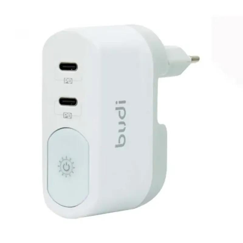 شارژر دیواری 40 وات بودی مدل Budi AC326DEW دو پین با دو خروجی USB-C، نورپردازی و سری قابل چرخش - سفید