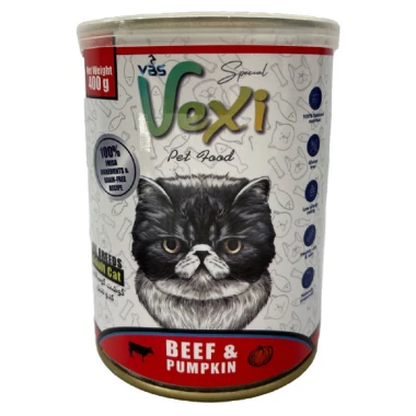 کنسرو گربه بالغ وکسی vexi طعم گوشت گوساله و کدو تنبل 400g