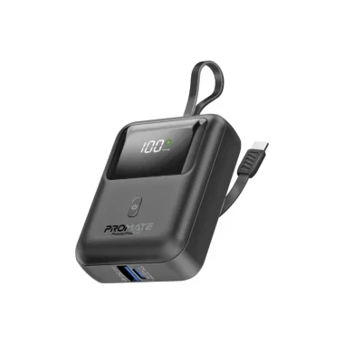 پاوربانک پرومیت مدل POWERPOD-10.BLACK به ظرفیت 10000 میلی‌آمپر ساعت دارای کابل داخلی USB-C