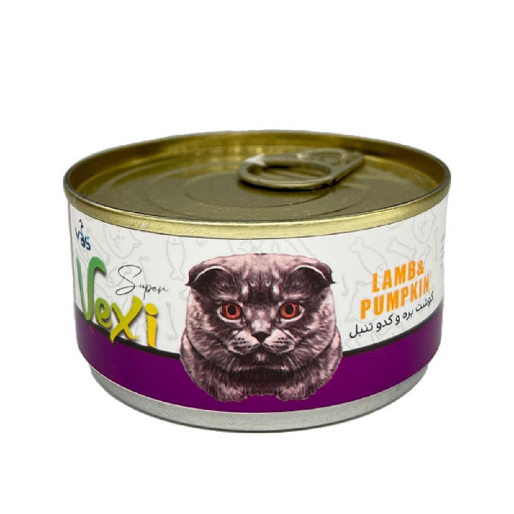 کنسرو گربه بالغ وکسی vexi طعم گوشت بره و کدو تنبل 110g