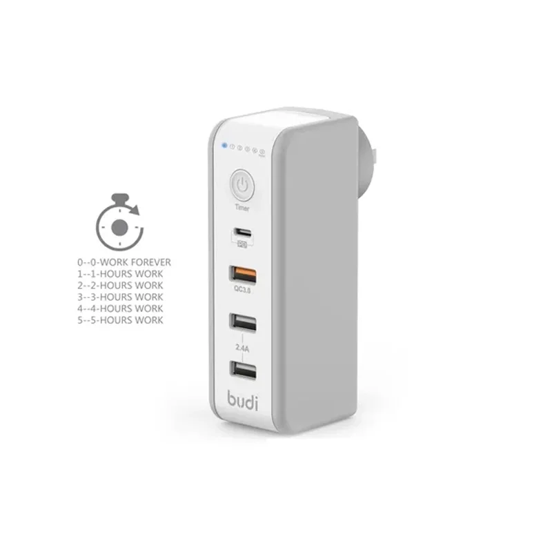 شارژر دیواری 48 وات بودی مدل Budi AC301TUW50 سه پین تایمردار با سه خروجی USB، یک خروجی USB-C و سری قابل چرخش - سفید